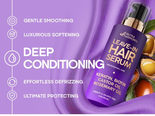 Hydrating Hair Serum For Frizzy, Dry and Damaged Hair - Leave-In Conditioner with Keratin | Biotin | Castor & Rosemary Oils | Vitamins B & E Treatment - Heat Protection - Paraben & Sulfate Free