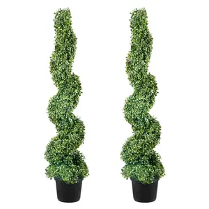 2-Pcs 122cm Artificial Boxwood Spiral Topiary Towers – Green PE & Iron Decorative Plants with 10 Replacement Leaves