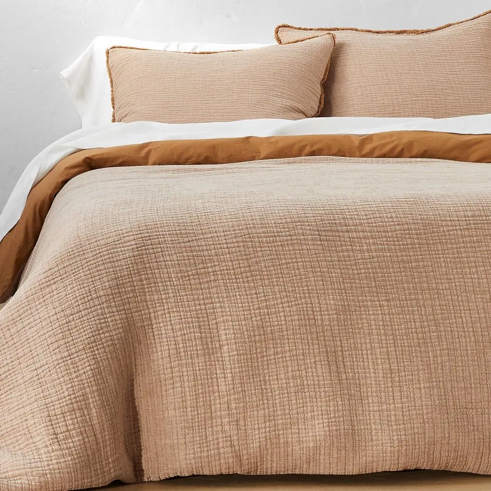 Casaluna 3-Piece Textured Bedding Set - Woven Textured Chambray Cotton Solid Hue Warm Duvet & Sham Set, Bedroom Decor