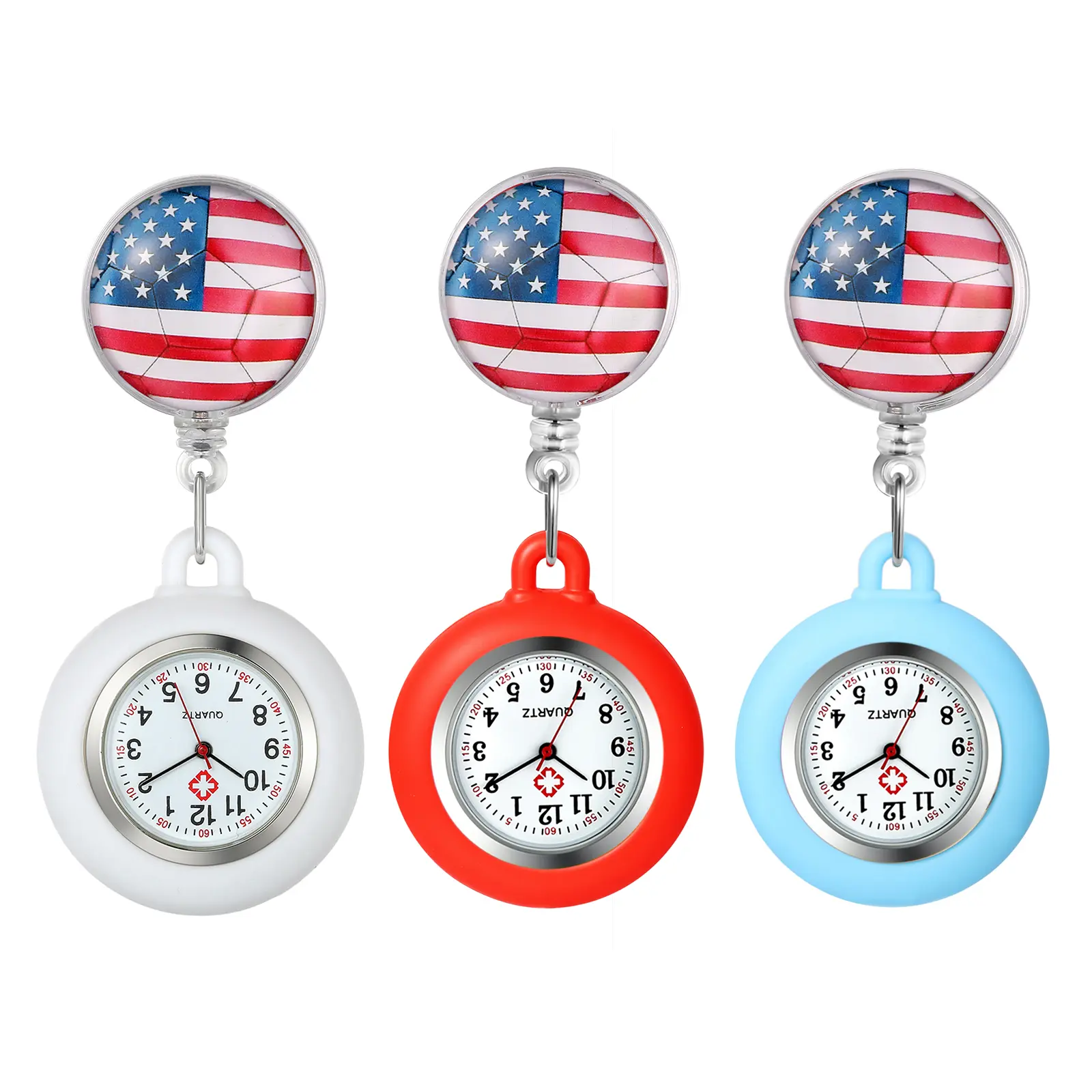 OIDEA Women's Retractable Nurse Fob Watch - American Flag Silicone Cover, 1.25 oz Alloy Durable Lightweight Quartz Watch, Hands-Free Clip, Retractable Elastic Cord, Shock Resistant for Healthcare Workers (Independence Day)