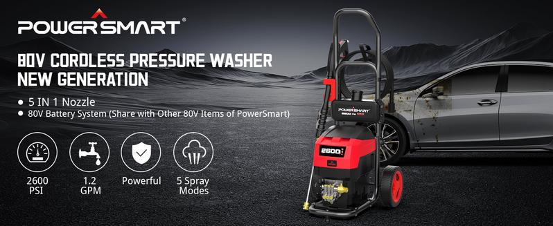 PowerSmart 80V Electric Cordless Pressure Washer, Up to 2600PSI, 1.2GPM, 5-in-1 Nozzle, 1.5L Onboard Soap Tank, Electric Power Washer with 6.0AH Battery and Charger for Decks, Cars, Fences, and Cleaning,Car Wash,Safe Operation(HB2840)