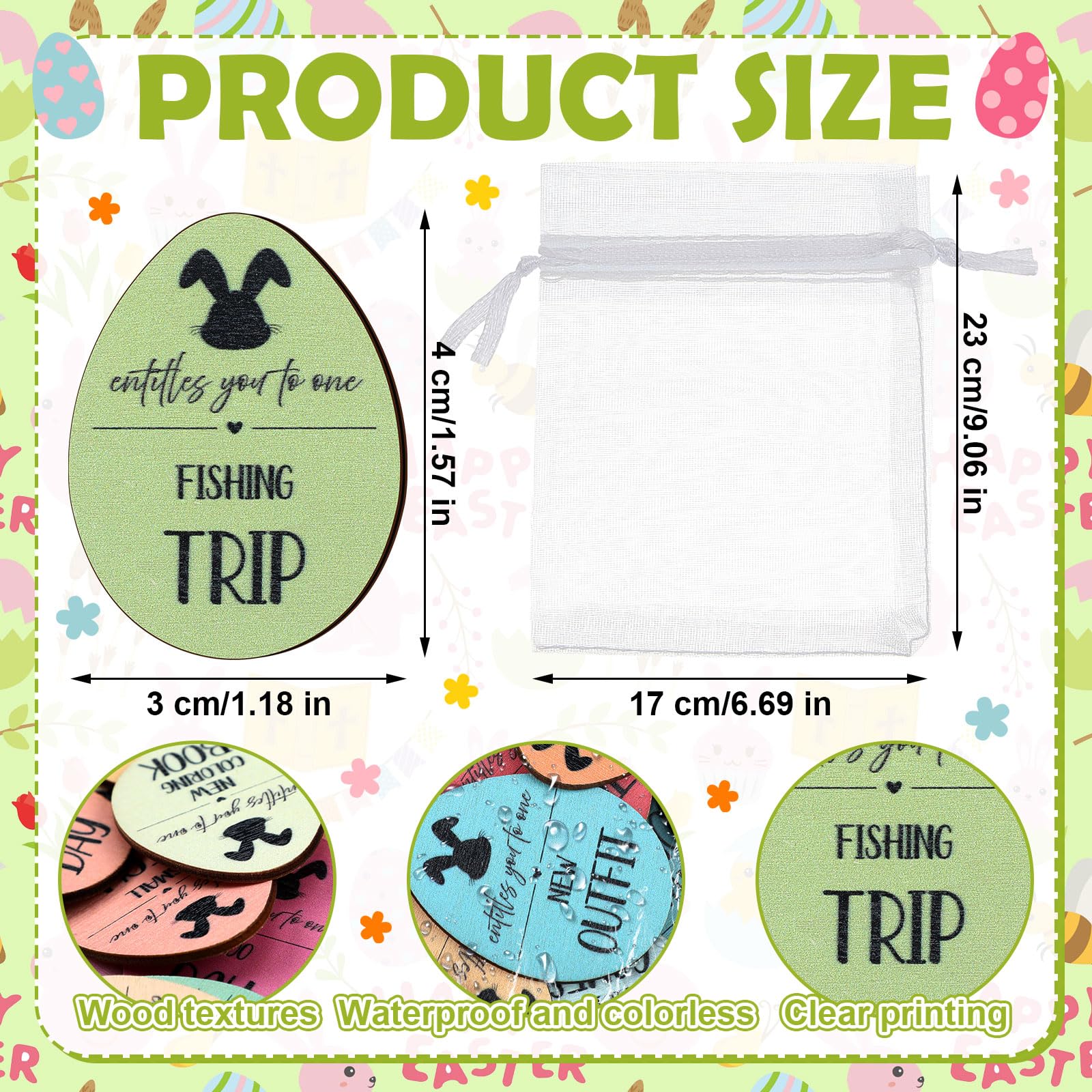 Easter Egg Tokens 30/120 Pcs Reusable Wooden Reward Tokens with 20 Engraved Sayings + 4 Gift Bags - Kids Teens Classroom Prizes Non-Candy Easter Basket Stuffers Spring Party Supplies Set