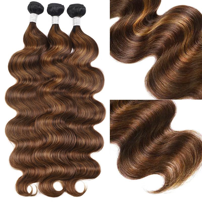 Ombre Brown Highlight Body Wave Human Hair Weave Sew in 1 3 4 Bundles Brazilian Remy Hair Dark Root Blonde Human Hair Weaves Extension Piano Color