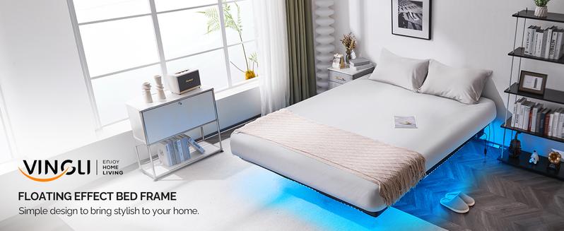 VINGLI Twin Floating Bed Frame with USB Charging Station/LED Lights, 14'' Platform Bed Frame Twin Size Heavy Duty Metal Bed, No Box Spring Needed,Black