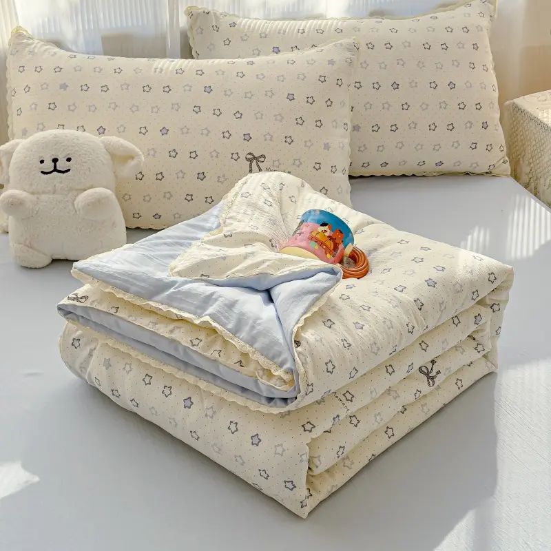 Cotton Cooling Bed Blanket - Summer Lightweight Breathable Air Conditioner Quilt, Cute Cartoon Soft Muslin Throw Bedding  All-Season Use