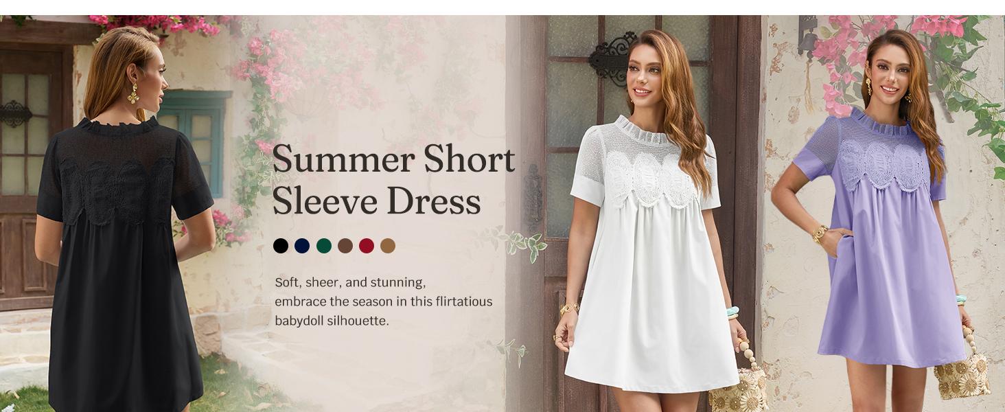 Wenrine Women's Lace Mini Dress Summer Short Sleeve Crewneck Sheer Mesh Casual Loose Ruffle Babydoll Dresses Wenrine Women's Lace Mini Dress Summer Short Sleeve Crewneck Sheer Mesh Casual Loose Ruffle Babydoll Dresses