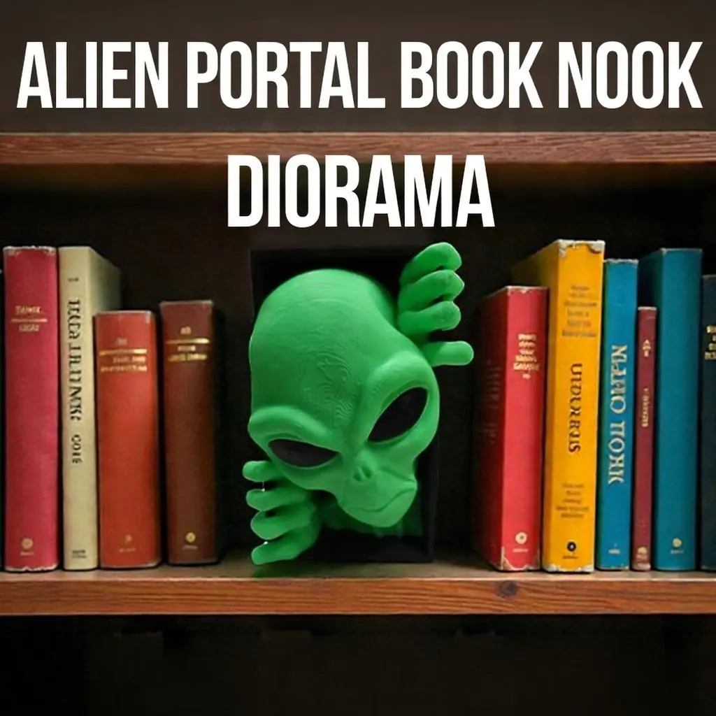 Alien Book Nook – Extraterrestrial Shelf Decor with Bold Neon Green Face Emerging from Void, 3D Printed for Sci-Fi Collectors & Cosmic Lore Display