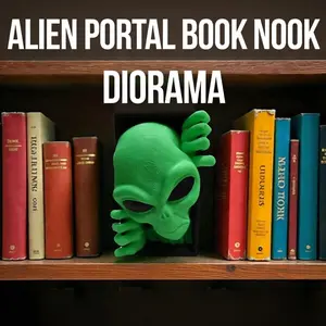 Alien Book Nook – Extraterrestrial Shelf Decor with Bold Neon Green Face Emerging from Void, 3D Printed for Sci-Fi Collectors & Cosmic Lore Display