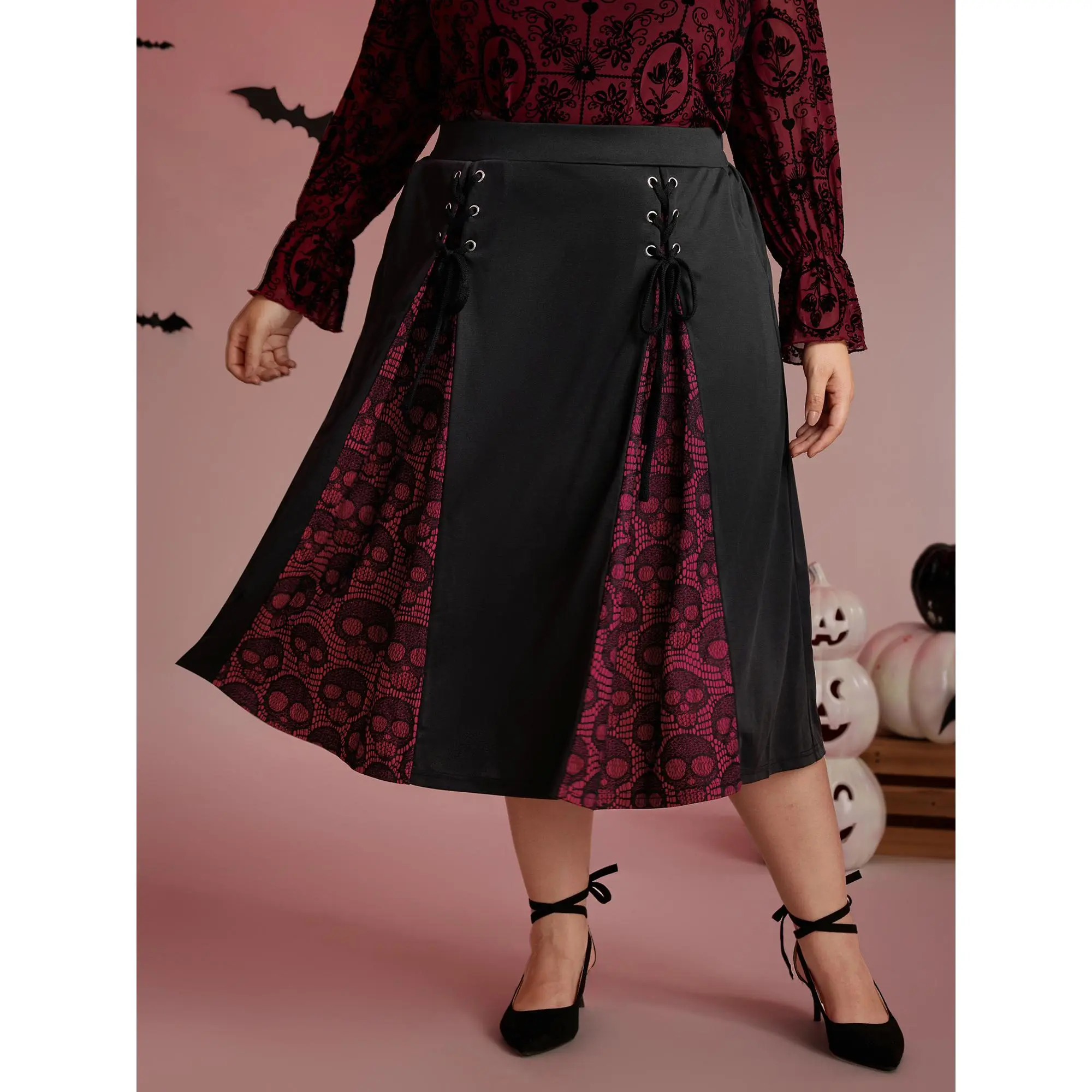 【Easter's Haul】【Minimalist】Bloomchic Skull Mesh Panel Cross-Tie Maxi Skirt