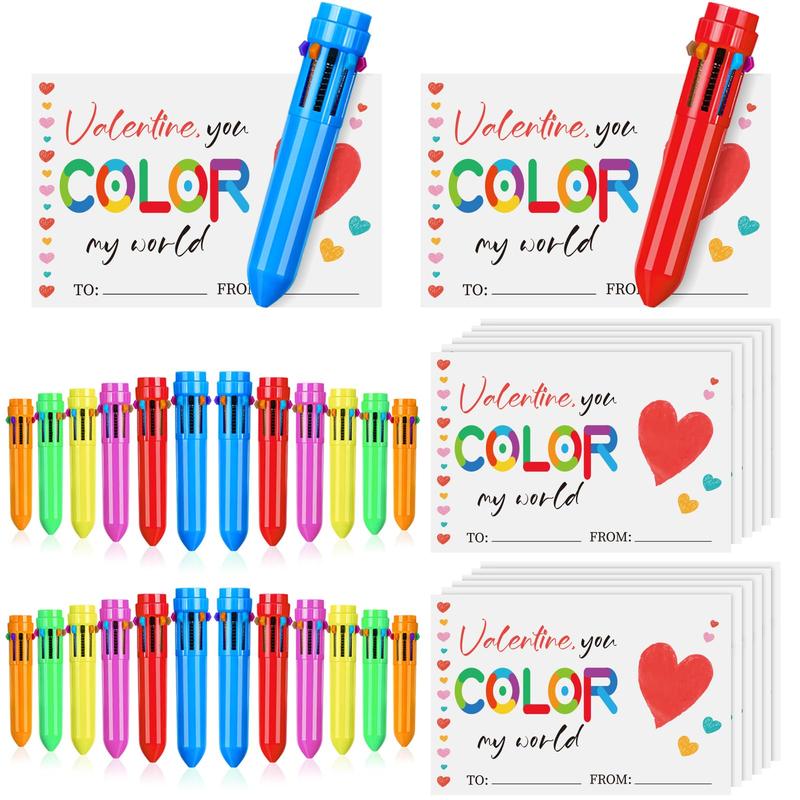 Inspirational Gift Exchange for Student, Classroom Gift with Multicolor Ballpoint Pen and Cards Retractable Cute Pen Heart Shaped Card Classroom Small Gift Stationery for School Class Student Greeting Boy and Girl Easter Gift Exchange, 24/30/32pcs