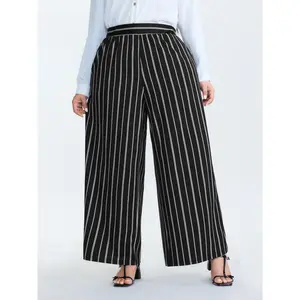 BLOOMCHIC Plus Size Monochrome Stripe Print Wide-Leg Pants [M-6X] 2026 Summer Vibes Swimweek
