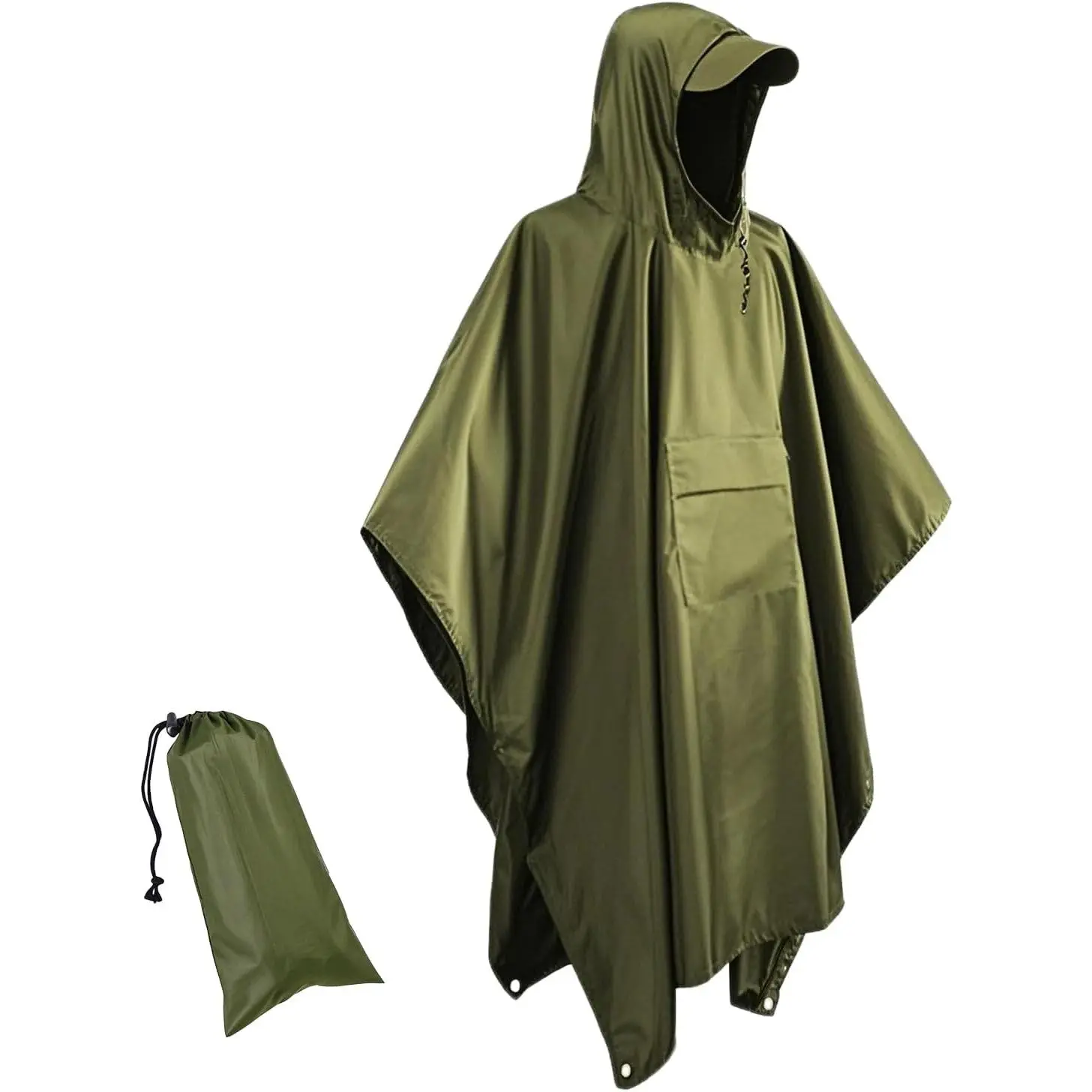 Adult Hooded Rain Poncho - All Seasons, Waterproof, Lightweight, Breathable Fabric, Hood & Pocket, Folds Easily, One Size Fits Most, Outdoor Hiking Home Supplies Rainwear, Green