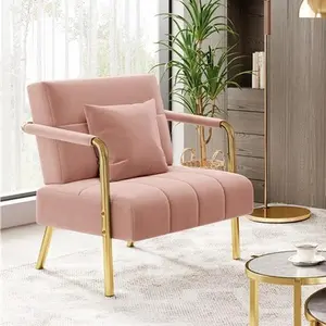 Costoffs Velvet Lounge Chair with Slanted Back and Pillow, Removable Armrest Coversm, Metal Armrests and Frame,Wide Seating for Living Room or Bedroom