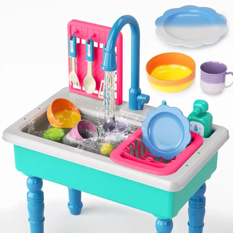 Unisex Toddler Pretend Play Kitchen Toy Kit - Kid Cooking Sets, Kids Toys with Auto-Flow Kitchen Sink, Drain, Upgraded Color Changing Dishes, Food Accessories