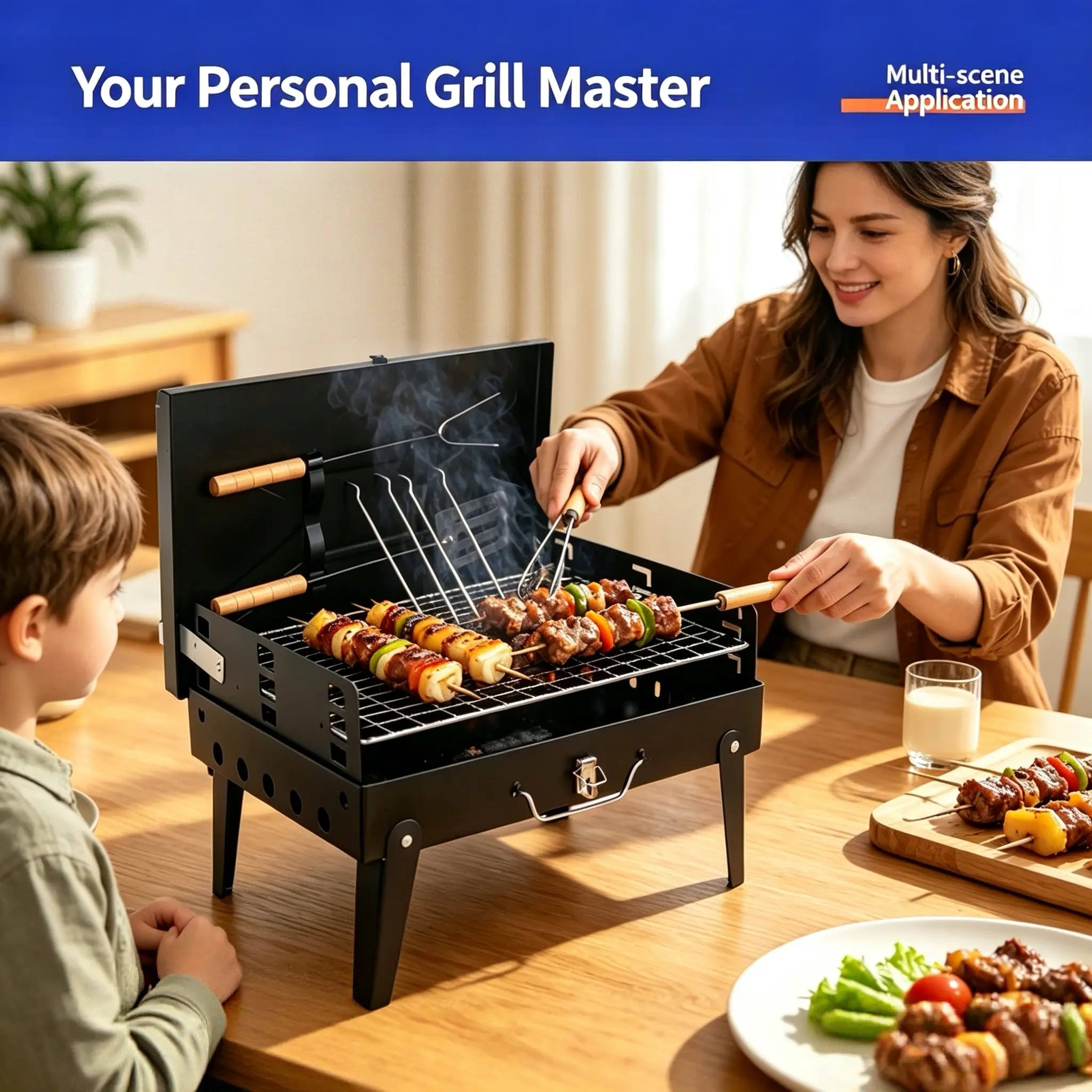 Portable Tabletop Charcoal Barbecue Grill, Foldable Design with Wood Handles - Lightweight for Camping, Backyard Cookouts & Small Groups, Outdoor Cooking Barbecue, Portable Bbqs, Charcoal Grills Bbq, Heat-Resistant Handles, Collapsible Portable Barbecues