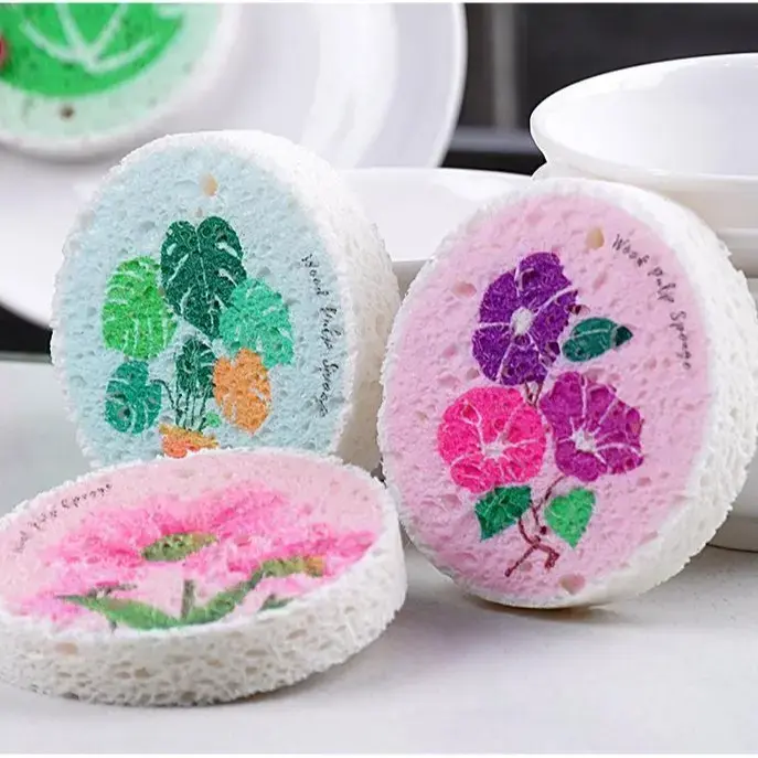 Wood-Based Eco-Friendly Cellulose Scrubber Pads - Scratch Free, Thickened Soft, High-Absorbency Expandable Foam Floral, 2026 Cute Home Care Cleaning Tools for Kitchen & Bathroom, Scratch Free Sponges, Scrubber Pad