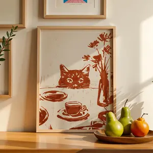 [Sale Up To 50%] Sneaky Cat Kitchen Print, Abstract Coffee Wall Art, Funny Diner Decor, Modern Animal Sketch, Breakfast Poster