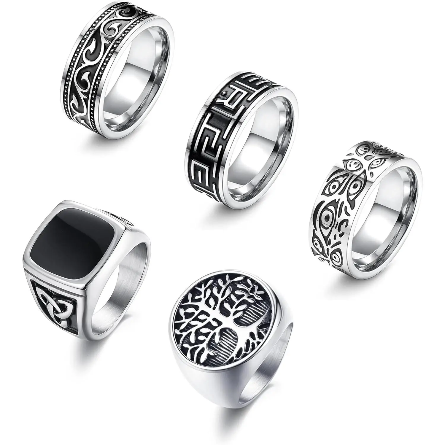 5Pcs Stainless Steel Male Biker Statement Rings Set - Greek Signet Vintage Jewelry, Exquisitely Carved Textured Gloss Band Rings, Statement Ring