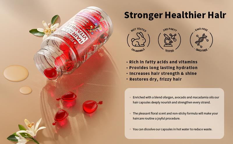 POEROES  50 Capsules Hair Oil With Argan Avocado & Moroccan  Oil - Hair Vitamins A C E Pro B5 - Hair Serum for Frizzy and Damaged Hair ， Leave In Conditioner ，Conditioner for Women & Men ， Haircare Shampoo Comfort Cleansing