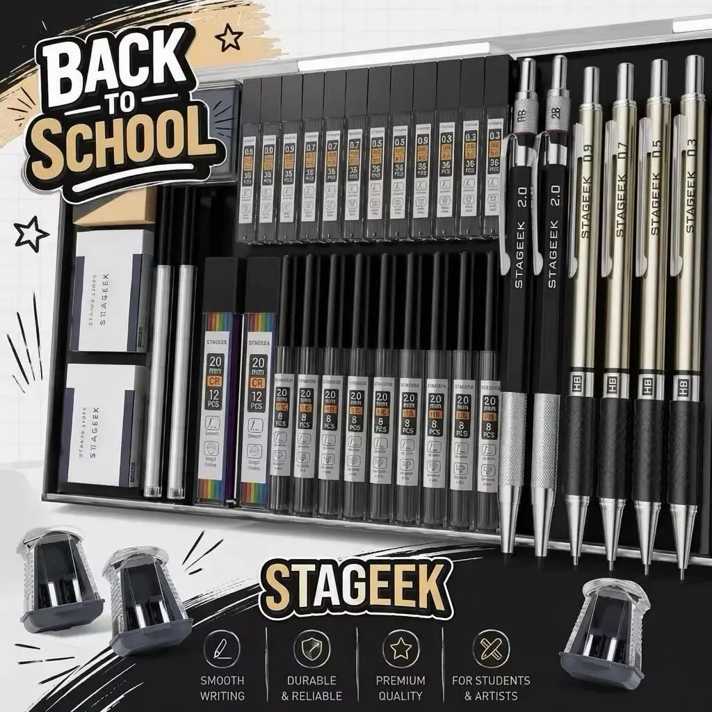 [Back to School Shopping] STAGEEK 37PCS Art Mechanical Pencil Set, cute school supplies Drafting Pencil 0.3 0.5 0.7 0.9 2.0MM Drawing Pencils with 492PCS Leads (6B 4B 2B HB 2H 4H Color) Artist Sketching Ballpoint Pen Student Stationary College Essentials