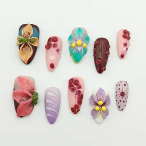 Moonovate | WILD BLOSSOM 10pcs Handmade Press On Nails Almond Nails REUSABLE 3D Gel Fake Nails Acrylic Press On Nails											