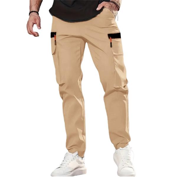 Single piece men's casual solid color sports pants with multiple pockets, lightweight and soft polyester fiber