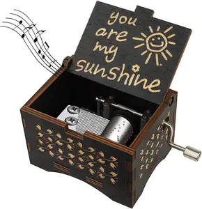Wooden Music Box You Are My Sunshine, Vintage Eight-Tune Musical Box, Hand-Cranked Gift for Valentine's Day Birthday Anniversary Mothers Day