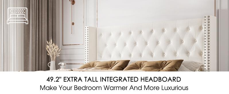 AMERLIFE Bed Frame with Wingback Headboard, Upholstered Velvet Bed with Tufted Diamond Button/No Box Spring Needed/Easy Assembly/Christmas Gift