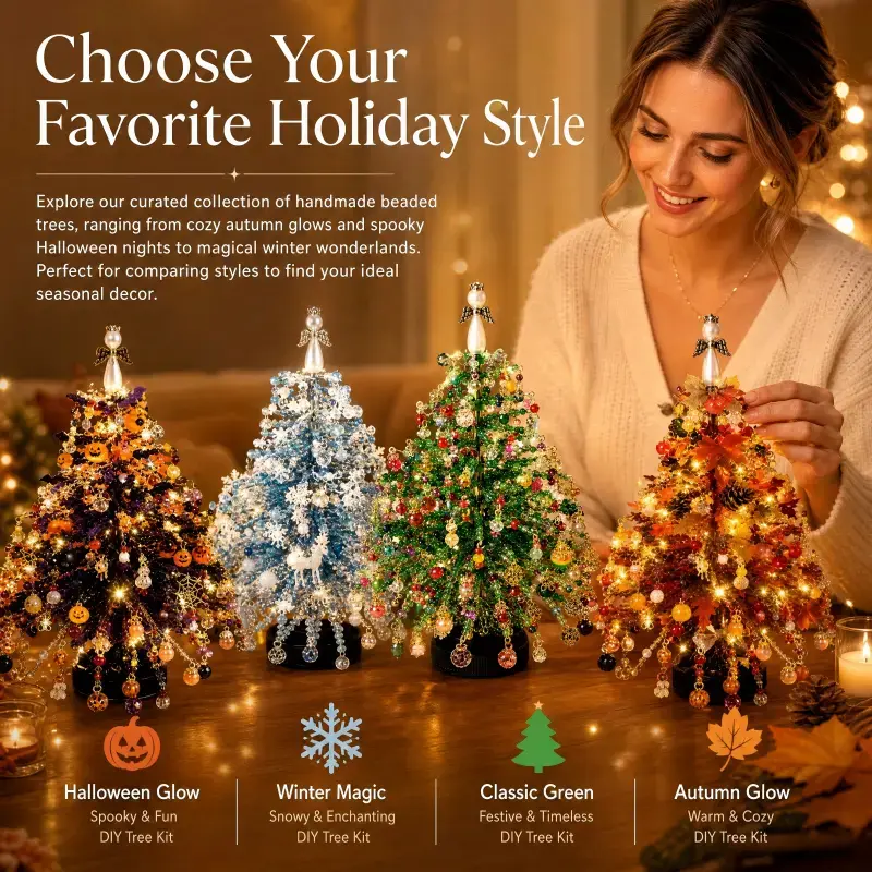 Handmade Beaded Trees DIY Tree Kit - Halloween Glow, Winter Magic, Classic Green, Autumn Glow - Perfect for Seasonal Decor