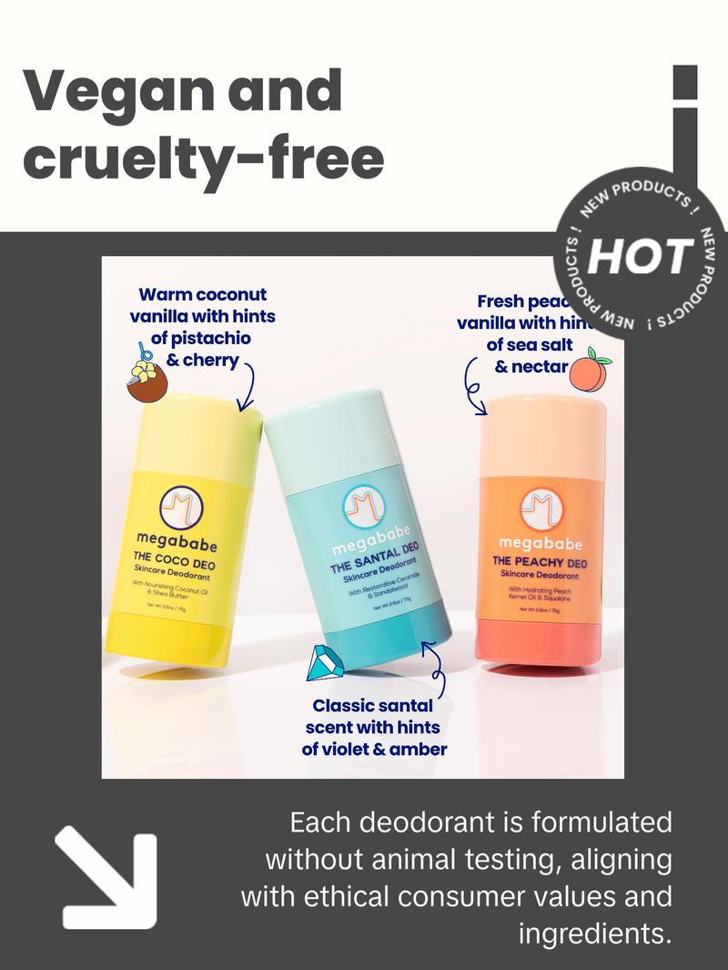 Megababe Scent-sational Deo Trio - 3 Skincare Deodorants with 72 Hour odor protections | The Santal Deo, The Coco Deo, The Peachy Deo