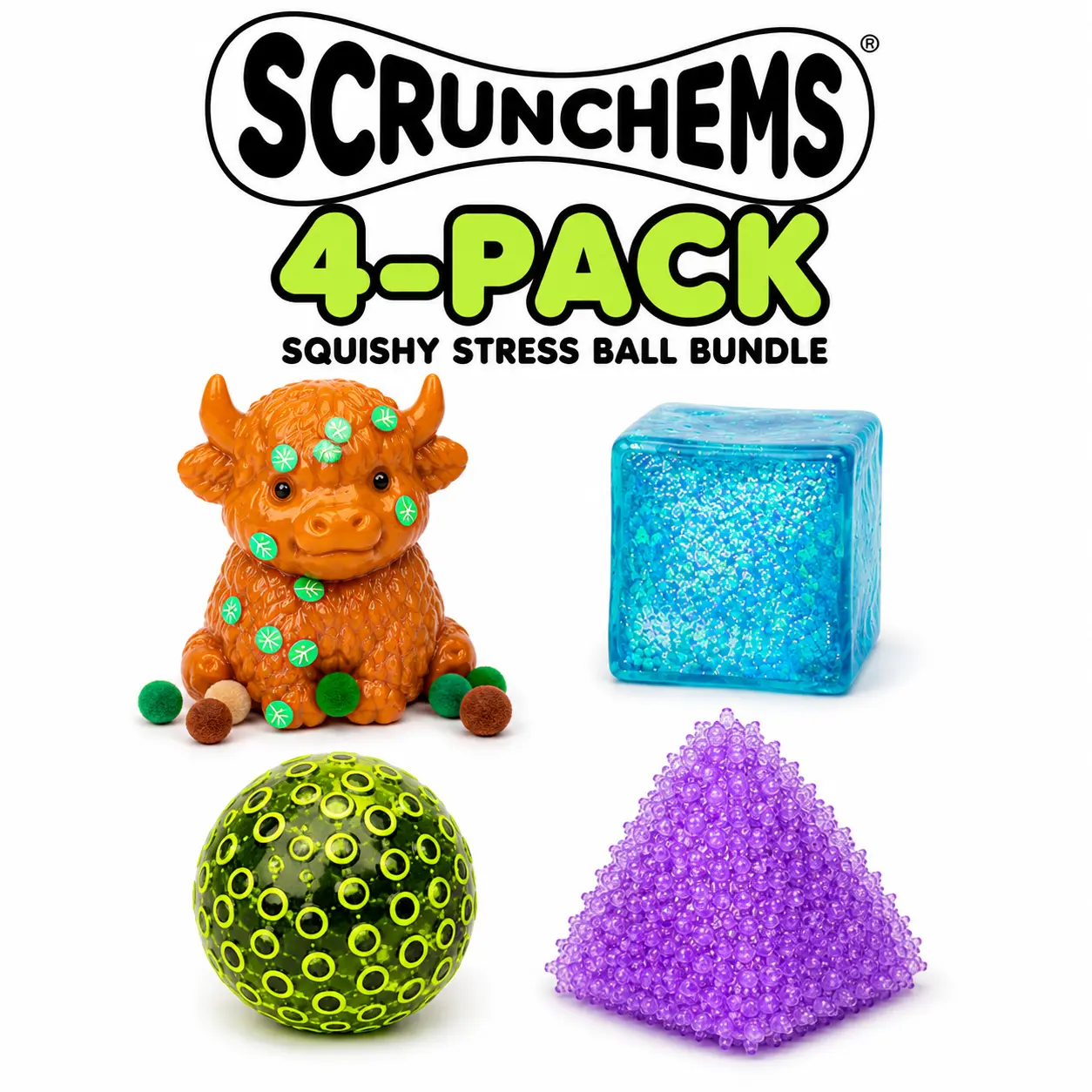 Scrunchems 4-Pack Squishy Stress Ball Bundle Fidget Toy (4pc) Colors Ship Assorted