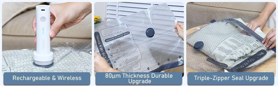 [2026 Upgraded] X7 Cordless Travel Vacuum Storage Compression Bag Set with Rechargeable air Pump 15 Pack Waterproof &Reusable Compression Packing Bags for 3Size, 140L/Min Powerful Air Removal,Perfect for Carry-On Suitcases