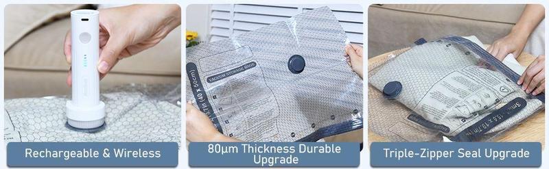 【2026 Upgraded】 X7 Cordless Travel Vacuum Storage Compression Bag Set with Rechargeable air Pump 15 Pack Waterproof & Reusable Compression Packing Bags for 3 Size，140L/Min Powerful Air Removal，Perfect for Carry-On Suitcases