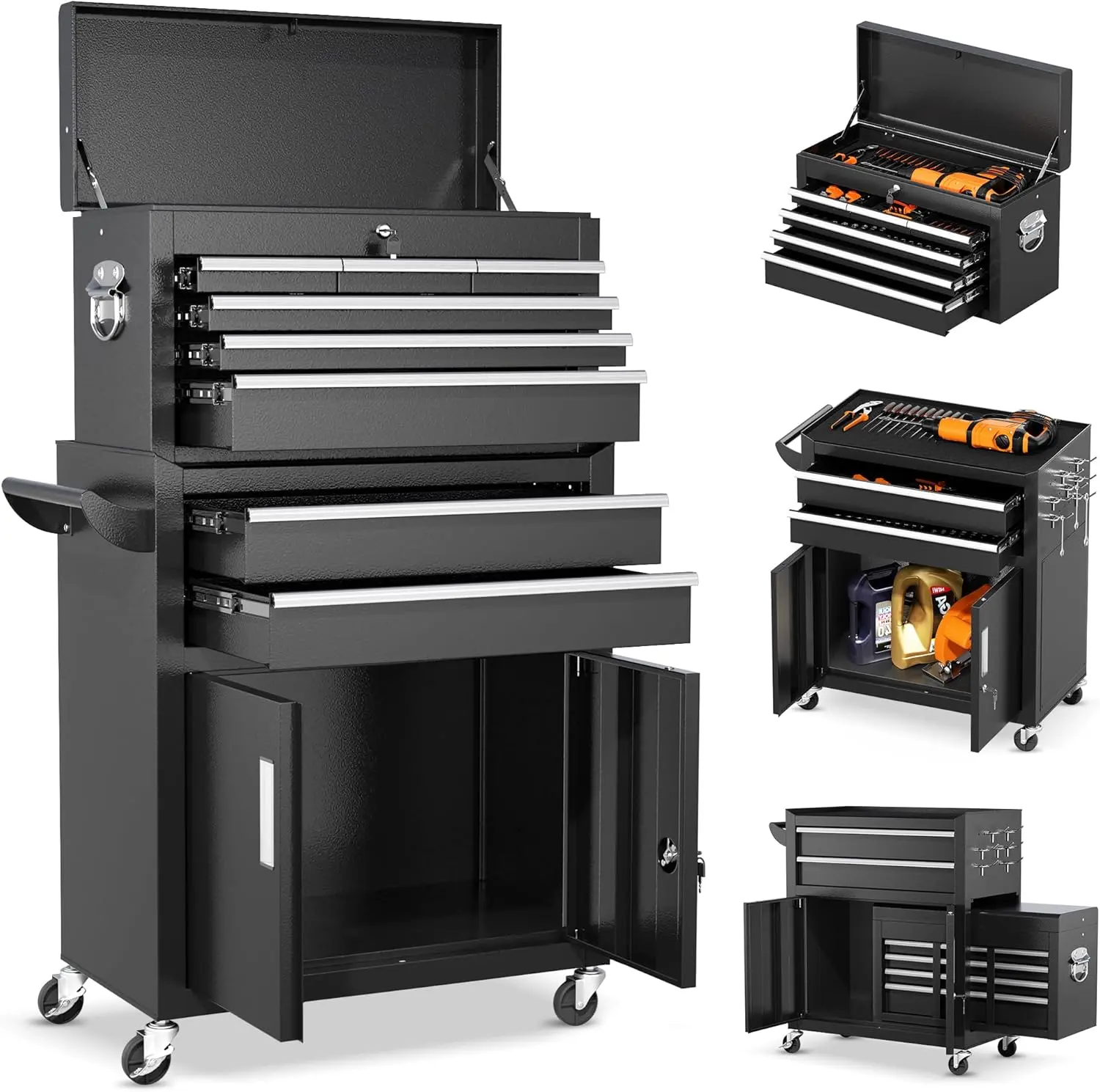 INTERGREAT 8-Drawers Rolling Tool Chest, Assembled Tool Chest with Wheels, Detachable Top Tool Box, Tool Cabinet for Repair Room,Warehouse, Rolling Tool Box with Hooks,Tray Divider,Liners#Summervibes