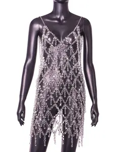 Gem Stitching Tassel Backless Dress