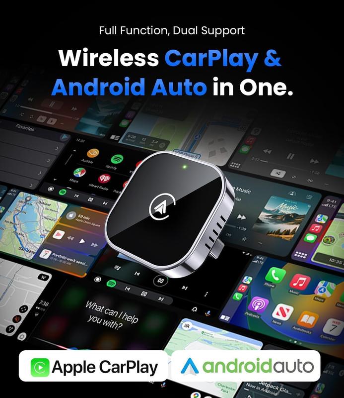 Mini Wireless CarPlay Adapter – Fast Auto-Connect, Plug & Play, USB/USB-C Compatible | Compact Matte Black,2 in 1 Wireless CarPlay and Android Auto Adapter