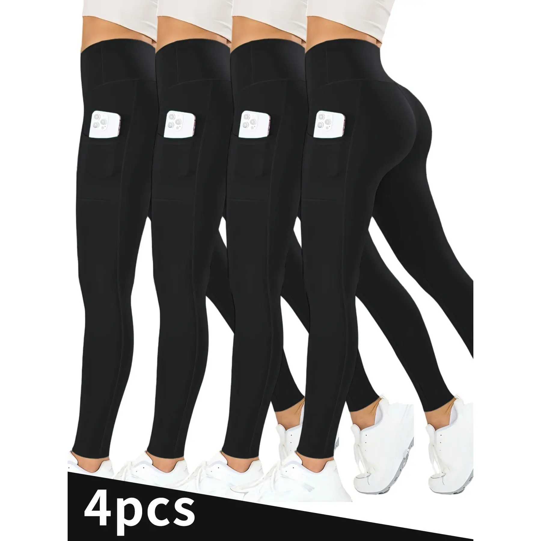 Women's High Waist 4-Pack Black Yoga Pants with Pockets, Tummy Control & Shaping for Gym Workout Running, Baggy Fit Casual Lounge Leggings