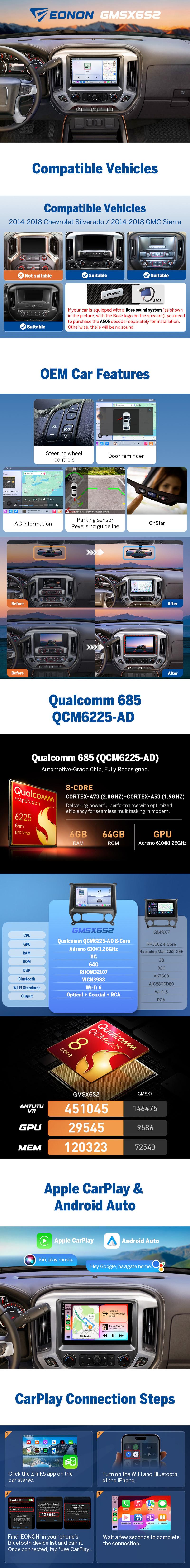 Eonon Car Stereo for Chevy Silverado GMC Sierra 2014-2018 Android 13/14 Head Unit with Wired/ Wireless CarPlay Android Auto 10.1" Car Radio Touch Screen SWC Sub BT Backup Camera Dashboard Upgrade, Jumpstart Sale - GMSX7 / GMSX6S2