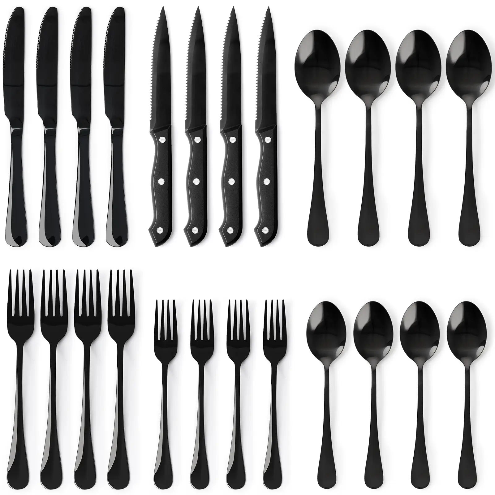 Astercook 24-Piece Black Silverware Set with Steak Knives, Food-Grade Stainless Steel Flatware Set for 4, Mirror Polished Cutlery Set for Home Kitchen and Restaurant
