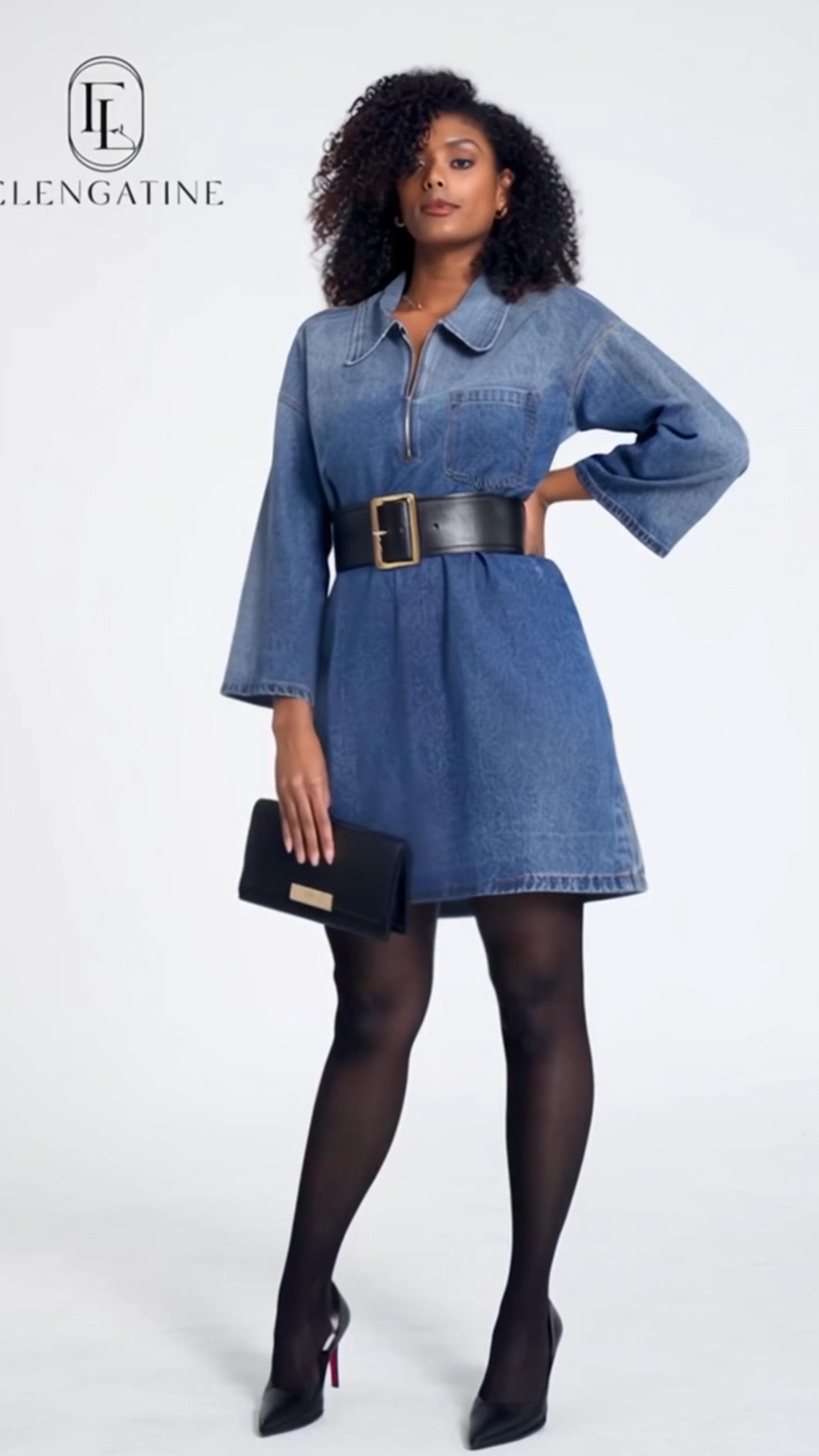 Elengatine Women's Denim Dress Half-Zip Collared Vintage Washed Blue Loose Fit Long Sleeve One Chest Pocket Trendy Casual Top for Daily Wear & Street Style Looks - Chic Autumn and Winter - Womenswear Suitable for all people, sizes range from XS - 5XL