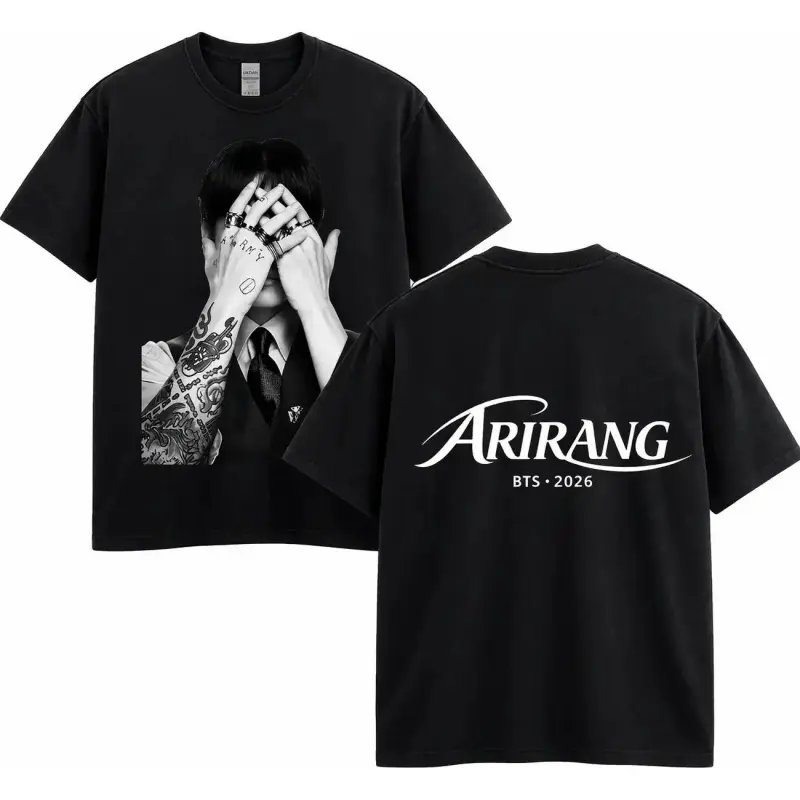 Women's Vintage 2026 Boys Arirang World Tour Fitted Cut Graphic Print Tee, Retro Black & White Lightweight Cotton Shirt, KPOP Army Fan Gift Merch for RM Jin Suga J-Hope Jimin V Jung Kook