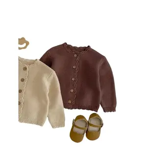 Unisex Baby & Kids Knit Cardigan, Spring & Fall Casual Fitted Sweater Coat, Round Neck Handmade Crochet Edge Long Sleeve Outerwear, Baby Girl Clothes