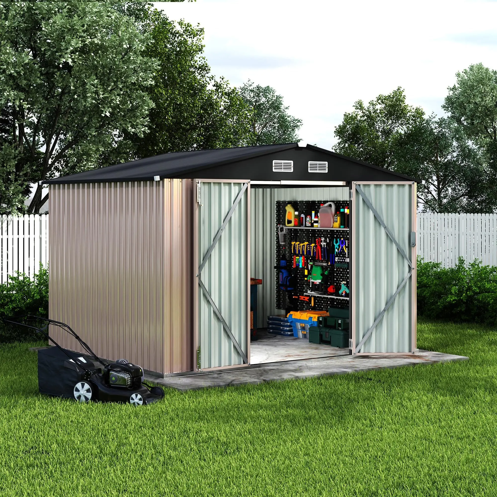 8X10 ft Outdoor Metal Storage Building, Secure Lockable Door & Air Ventilation System, Premium Metal Tool Shed for Garden, Ideal for Lawn Equipment