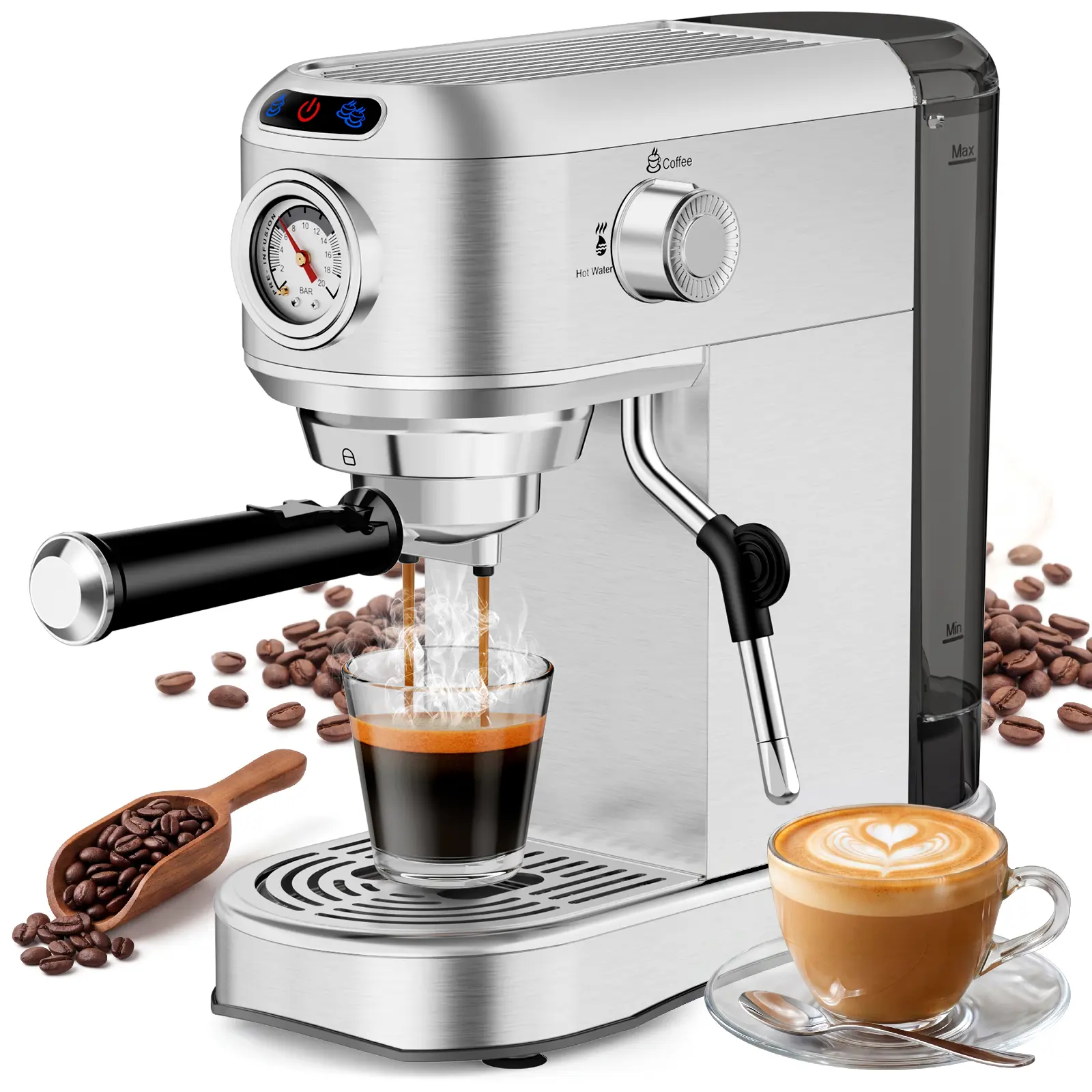 20 Bar Espresso Machine, 1450W Semi-Automatic Coffee Maker with Milk Frother Steam Wand, Compact Stainless Steel Design, 34 oz Removable Water Tank for Latte, Cappuccino & Home Use, Silver