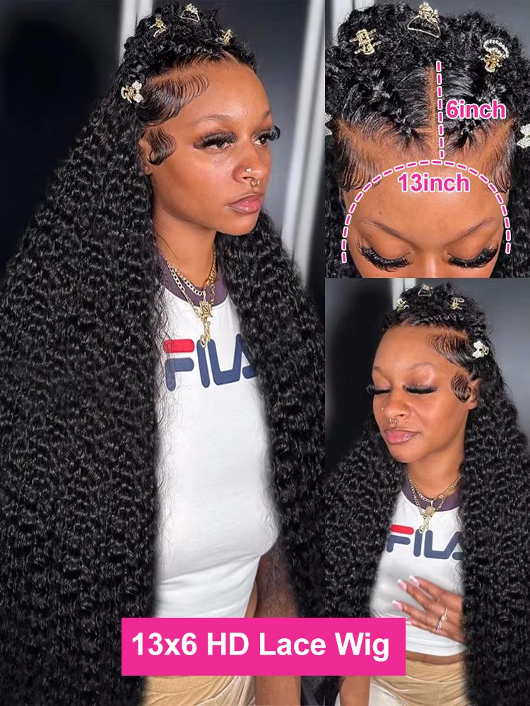 36 38 Inch Deep Wave 13x6 HD Lace Frontal Wig for Women Pre-plucked 180% Density Curly Natural Black Human Hair Wigs 13x4 Lace Frontal Curly Wig Melted Hairline