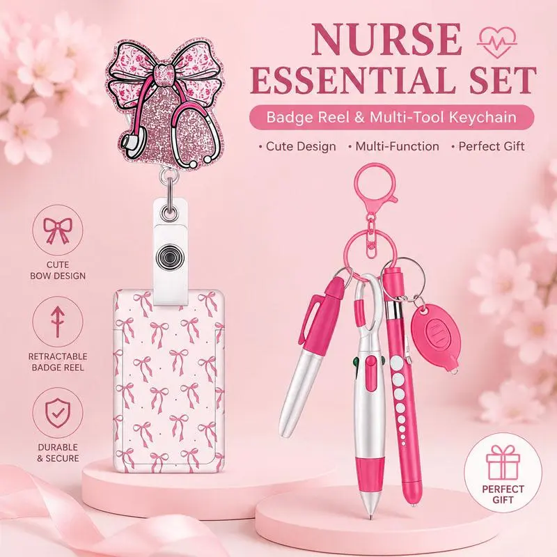 Acrylic Retractable ID Badge Reel with Pink Bow & Multi-Tool Pen Keychain Nurse Essential Set, Ideal Nurse Day Gift for RN Medical Staff, Badge Reels, Multi-Tool Set