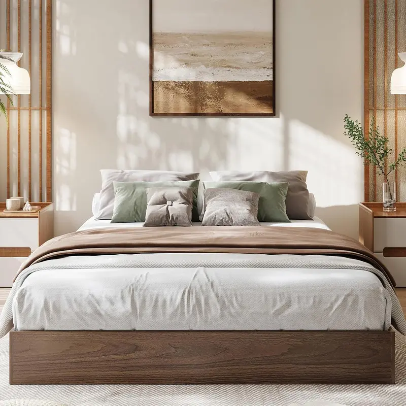 Solid Wood Platform Bed with Sturdy Wooden Slats, California King Size Floor-Standing Bed Frame, Modern Minimalist Design Bed Frame, Easy Assembly,Walnut