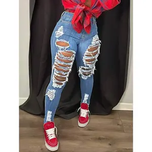 Multi functional tear denim jeans, retro tight jeans, fashionable worn-out denim jeans for daily wear, women's fashionable jeans
