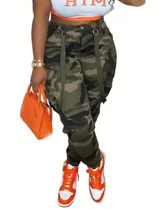 Womens Camo Cargo High Waist Pants Camouflage Military Elastic Trousers with Pockets