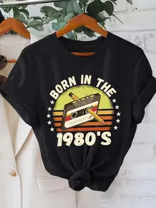 100% Cotton Women's 1980s Vintage T-Shirt - Born in the 80s Retro Graphic Tee with 80's Print, Short Sleeve Crew Neck Casual Top for 80s Themed Parties & Casual Attire (Machine Washable)